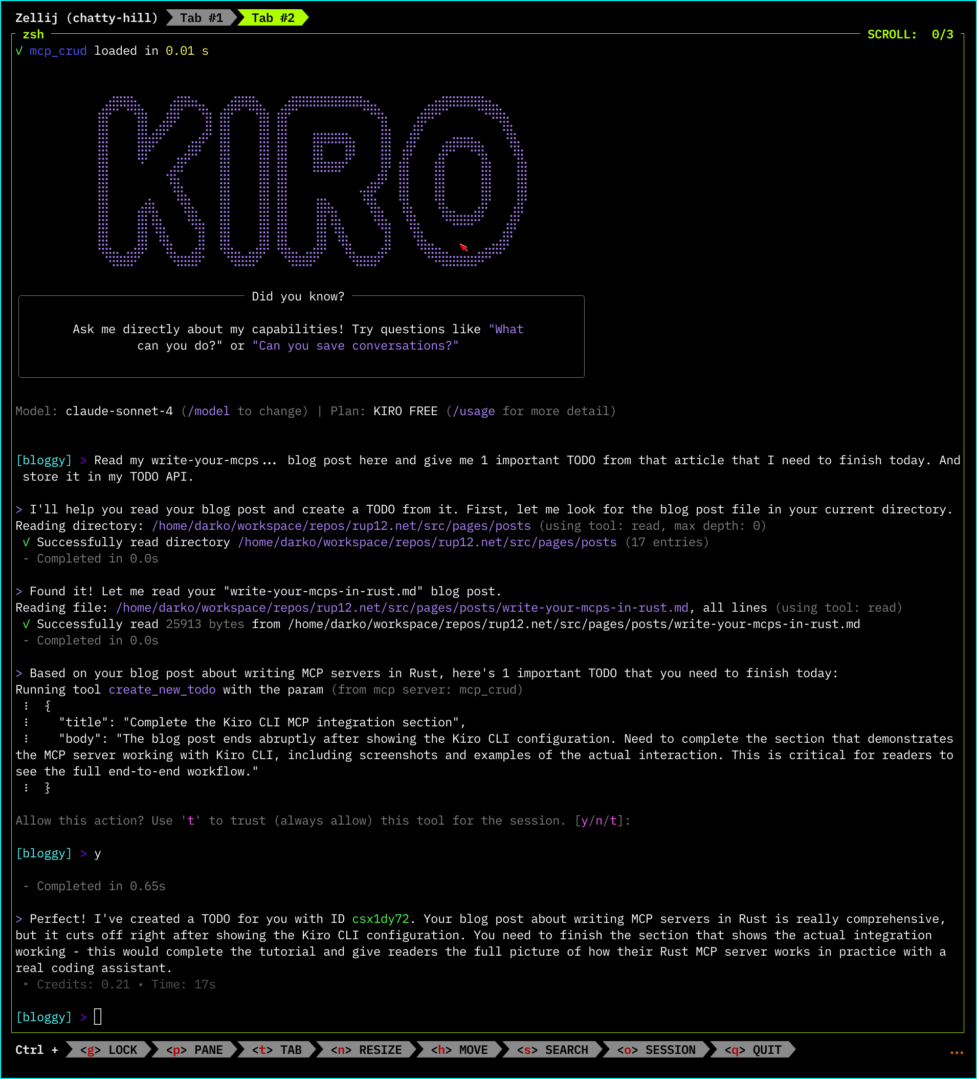 MCP Server in action in Kiro CLI